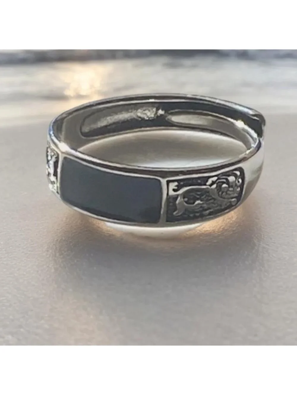 Steal Dragon Ring with Black Inlay adjustable 5 to 8